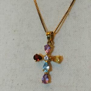 HSC Vintage Cross 925 CL Italy Pendant on Necklace with Faux Gemstones Gold Tone
